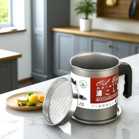 حافظة زيت الطبخ من الستانلس ستيل مع مصفاة وغطاء -1.4 لتر