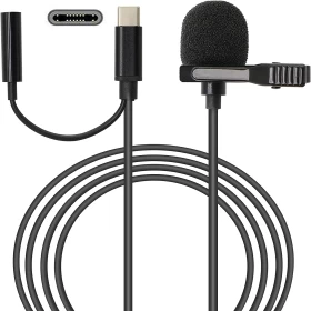 USB C Microphone With Clip & 3.5mm Port - Black, Superb Sound for Audio and Video Recording