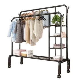 Portable Rolling Clothing Coat Organizer Rack with Bottom Rack