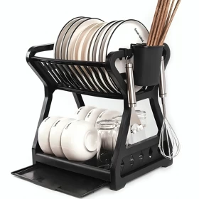 Double-Layer Kitchen Dish Bowl Draining Storage Rack with Chopstick Cage Household Tableware Organizer