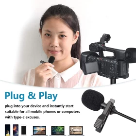 USB C Microphone With Clip & 3.5mm Port - Black, Superb Sound for Audio and Video Recording