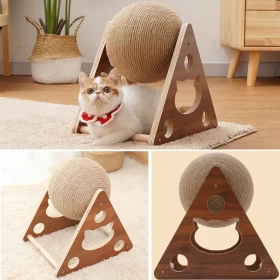 Pet Cat Toy Solid Wood Cat Scratching Ball Durable Sisal Rope Ball Climbing