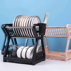 Double-Layer Kitchen Dish Bowl Draining Storage Rack with Chopstick Cage Household Tableware Organizer